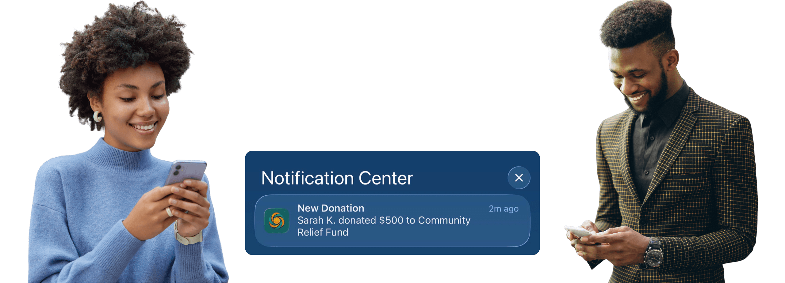 Two people checking the same donation notification on their phones