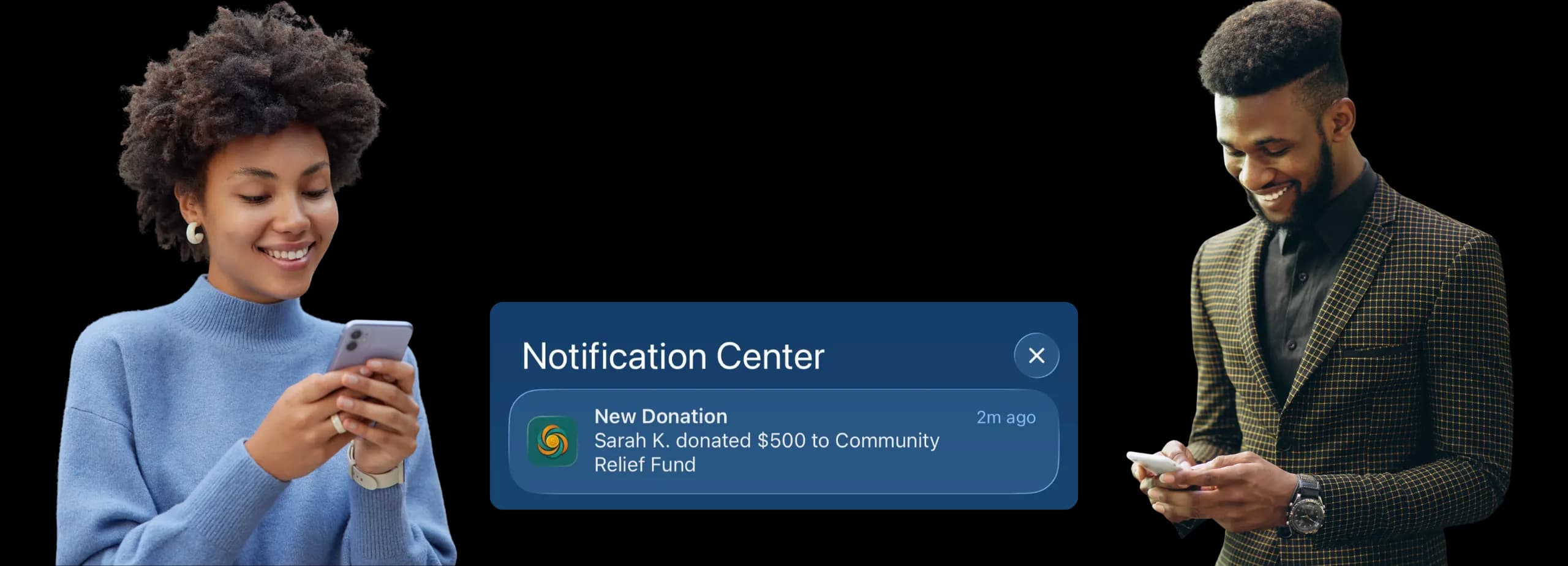 Two people checking the same donation notification on their phones